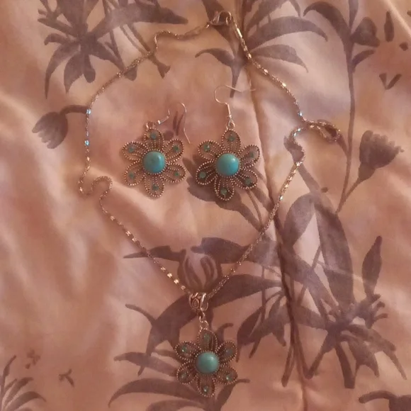 NEW Torquoise & Silver Earrings& Necklace Set - Picture 1 of 6
